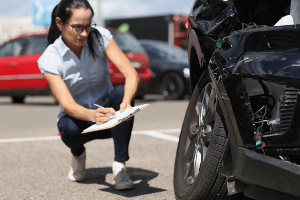 Female adjuster looking at a damaged car. Can you fight an at fault car accident.
